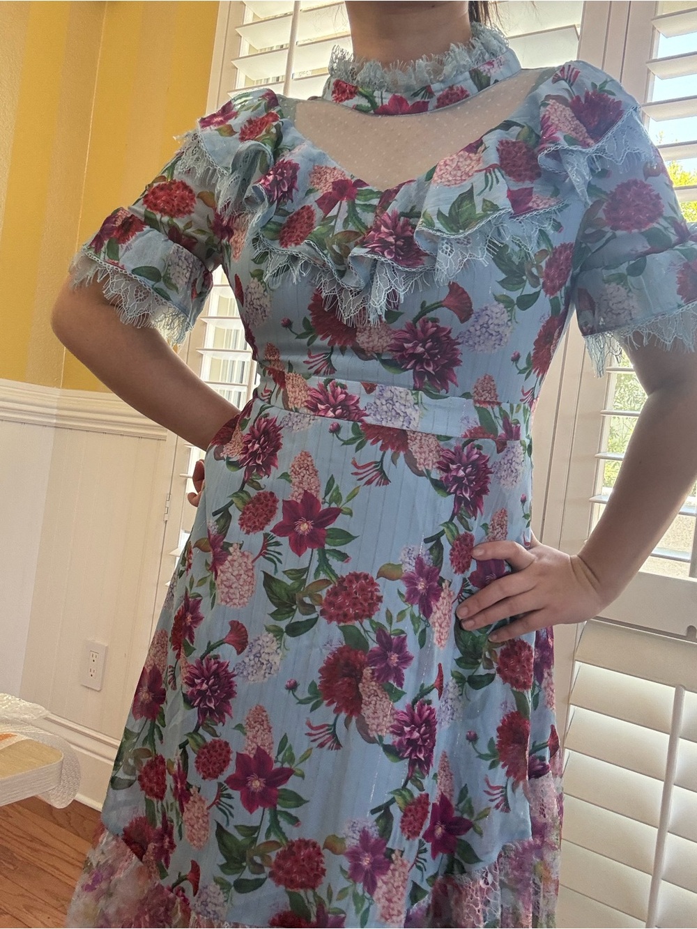 Floral Lace-Trim Midi Dress in Light Blue